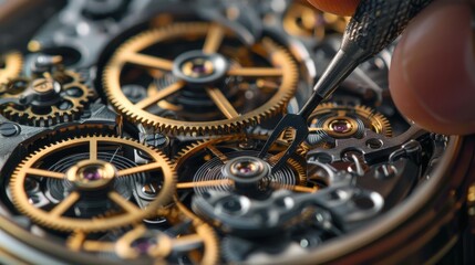 A close-up image of a watchmaker using a tool to repair a complex mechanical watch movement. The image highlights the intricate detail of the watchs gears and inner workings