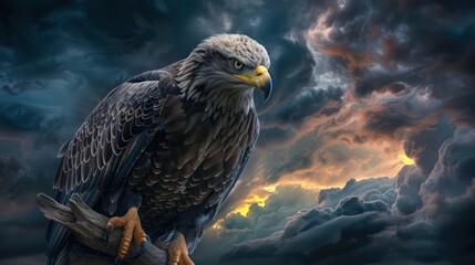 A fierce eagle clutching a branch, its gaze intense against a backdrop of storm clouds gathering in the distance