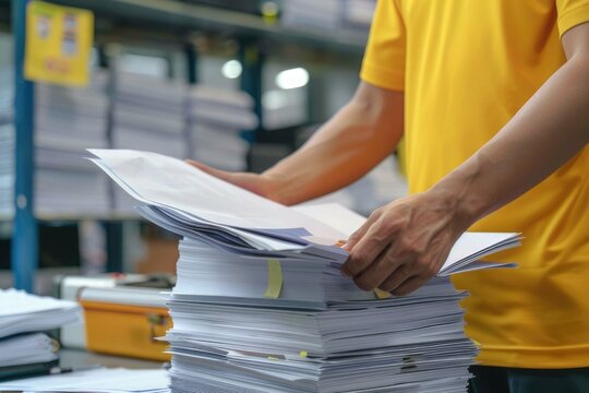 Male office workers with yellow shirt holding and writing documents on office desk, Stack of business overload paper.