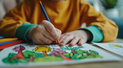 Fototapeta premium A child is drawing a picture of a forest with trees and a river. The child is using a variety of colored pencils to create the scene