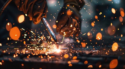 Close-up view of a welders hand holding a torch, sparks flying as they work on a piece of metal