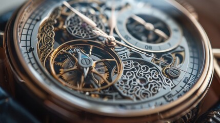 A detailed closeup of a mechanical watch face, showcasing the intricate gears and gold bezel