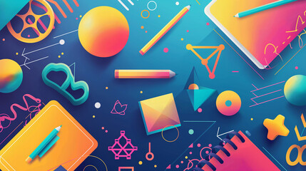 Obraz premium Dynamic back to school background with a burst of colorful geometric shapes and symbols representing different academic subjects