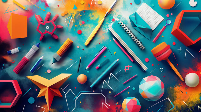 Dynamic back to school background with a burst of colorful geometric shapes and symbols representing different academic subjects