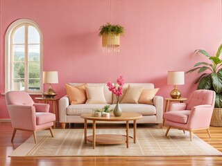 A stylish living room decorated in soft pink tones with matching furniture. The space features a comfortable sofa, armchairs, a coffee table, and plants, creating a modern and cozy atmosphere.