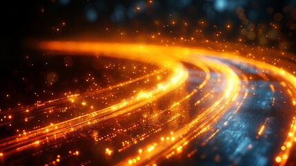 Obraz premium Abstract glowing light trail with orange and blue composition sparkle, bokeh in motion pathway