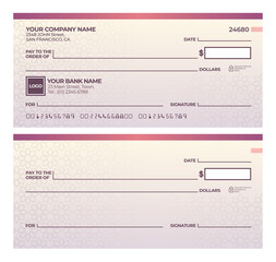 Blank bank check. Checkbook cheque template. Checkbook cheque template with purple theme. Money payment voucher or pay cash cheque certificate.