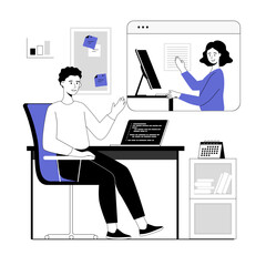 Video call, virtual conference, online communication. Man talking and discussing business tasks via virtual video chat. Vector illustration with line people for web design.