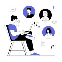 Man with laptop have videoconference with colleagues, clients or friends. Online meeting, web conferencing, virtual call. Vector illustration with line people for web design.