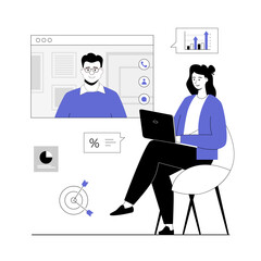 Video conference and call. Online meeting and telecommunication, remote workers and employees. Vector illustration with line people for web design.