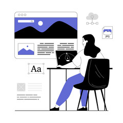 Web studio concept. Woman work on website landing page, ui ux design and programming. Vector illustration with line people for web design.