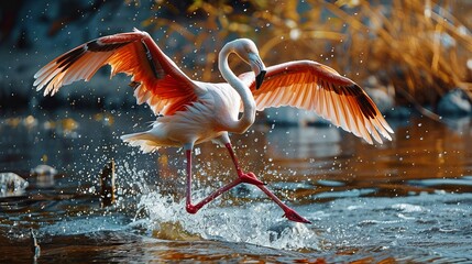 Obraz premium Colorful flamingo by the water. Flamingo bird as a wall decoration. Bird wallpaper. Flamingo's graceful wings in flight. Wall art of a flamingo. Migrant bird found in India's Bhigwan