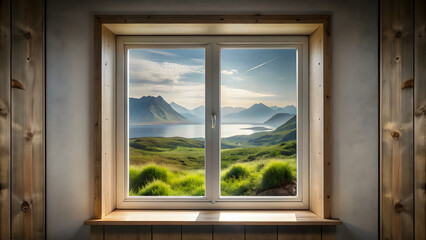 Fototapeta premium beautiful luxury window with a view on nature landscape, travel vacation concept background