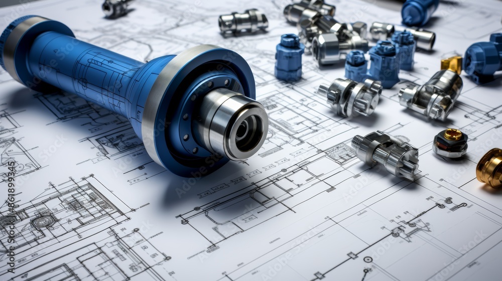 Wall mural array of mechanical parts on engineering drawings showcasing precision in design and manufacturing