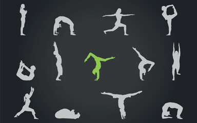 Fitness positions. Silhouettes on a dark background. 13 pieces. Vector