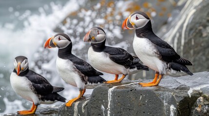 Fototapeta premium A group of puffins on a rocky coastal edge, their colorful beaks bright against the grey stones and wild ocean spray