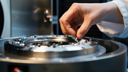 Naklejka premium Closeup of a lab technicians hand adjusting a centrifuge, with room for text