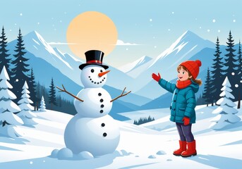 Child Building Snowman in Winter Wonderland
