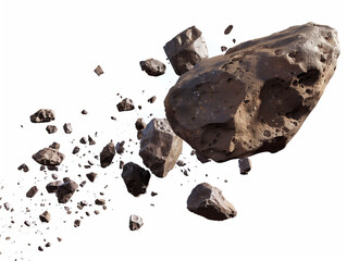 An asteroid swarm of boulders or a stone meteorite isolated on a white background in png format, a flying stone in space