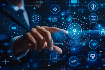 Businessman interacting with global network data transfer icon for online business integration