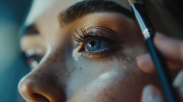Closeup of a makeup artists brush touching up an anchors face, with room for text