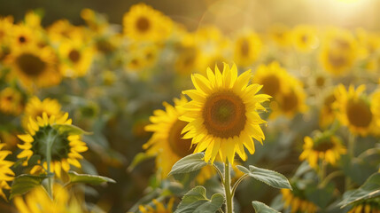 Obraz premium A bright, sunny field is filled with tall sunflowers. The focus is on one sunflower in the center, with more sunflowers fading into the background.
