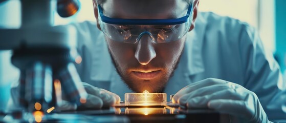 Closeup of a scientist examining a slide under a microscope, with space for text