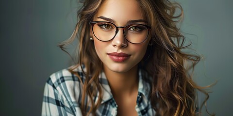 Obraz premium Portrait of a beautiful young woman with glasses looking at the camera