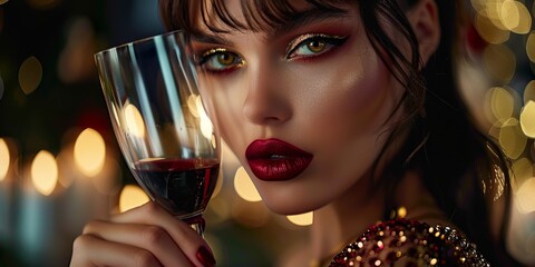  Close up horizontal image of glamorous woman with striking makeup and red lips holds a wine glass in an elegantly lit setting, evoking sophistication and allure. Luxurious and festive ambiance 