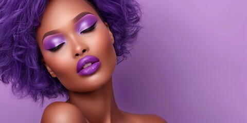 Obraz premium A woman with purple hair and purple lipstick is standing in front of a purple background. Concept of boldness. Beautiful light skin African American make up model in her 20s wearing bold make up