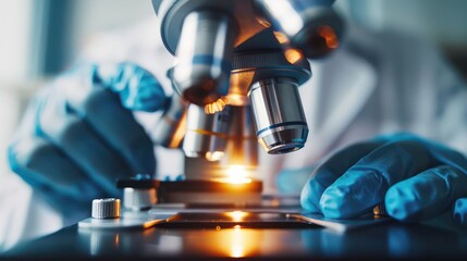 Closeup of a scientist s hand adjusting a microscope, with space for text