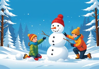 Child Building Snowman in Winter Wonderland