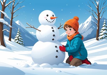 Child Building Snowman in Winter Wonderland
