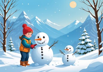 Child Building Snowman in Winter Wonderland