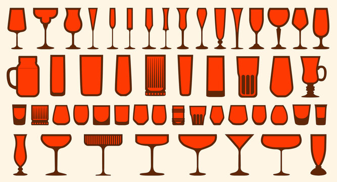 Set of drink glass icons. Vector silhouette illustrations, editable stroke, flat design. Glass for wine, juice, cocktail, champagne, margarita. Alcoholic and non-alcoholic beveridge glass