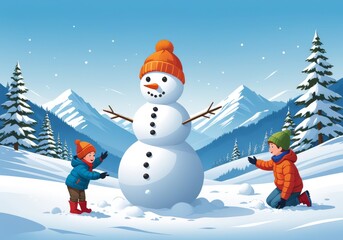 Fototapeta premium Child Building Snowman in Winter Wonderland