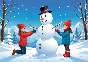 Child Building Snowman in Winter Wonderland