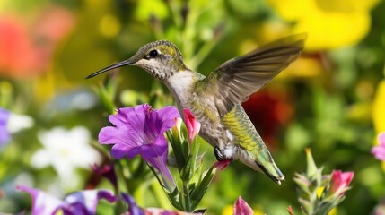 Naklejka premium A hummingbird hovering near vibrant wildflowers on a sunny day, its wings a blur in the bright, colorful setting