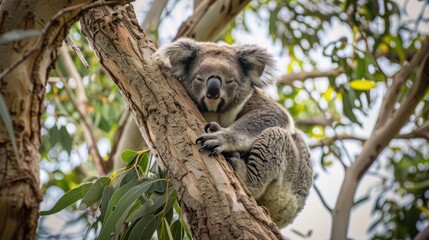 Obraz premium A koala perched sleepily in a eucalyptus tree, surrounded by a peaceful grove under a clear sky