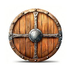 Fototapeta premium Old wooden Viking shield worn in battles, cartoon 2D illustration isolated on a white background