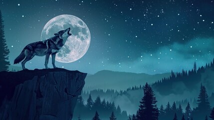 A lone wolf howling on a cliff under the full moon, pine forests stretching into the distance under a starry night sky