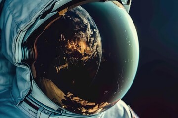 Closeup of an astronauts helmet visor showing the reflection of space, with room for text
