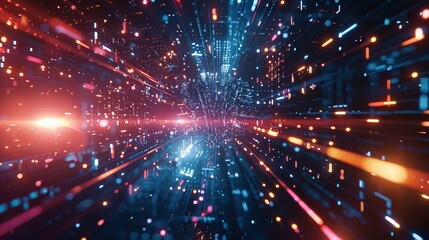 Fototapeta premium Data flying through the air in cyberspace. 5G wireless technology makes the data travel faster. The bright background shows the flow of information in virtual reality.