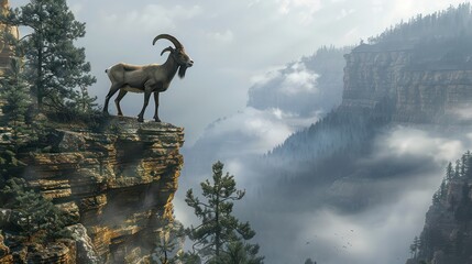 A majestic mountain goat standing on a cliff edge, overlooking a deep gorge filled with fog and scattered evergreens