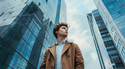 A young man in a tan coat and white shirt gazes upward amid a backdrop of tall, reflective glass skyscrapers, suggesting a modern urban environment.
