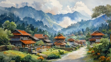 Fototapeta premium A detailed watercolor painting of a traditional Sasak village nestled amidst the verdant hills of Lombok Island, Indonesia.
