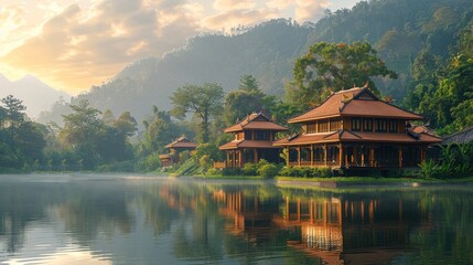 Fototapeta premium A serene photo of a peaceful meditation retreat nestled amidst the serene hills of Lombok Island, Indonesia, with a tranquil lake reflecting the surrounding greenery.