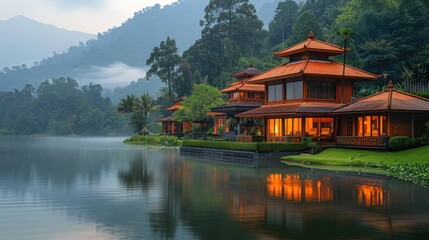 Obraz premium A serene photo of a peaceful meditation retreat nestled amidst the serene hills of Lombok Island, Indonesia, with a tranquil lake reflecting the surrounding greenery.