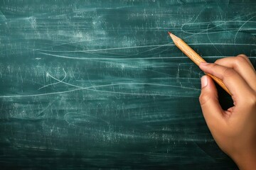 Detailed view of a teachers hand writing on a chalkboard, with ample copy space