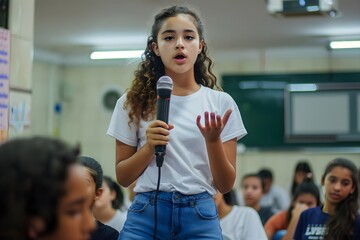 student speaking into a microphone in front of an audience 